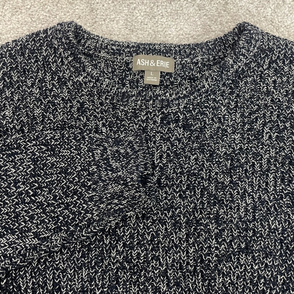 Ash Erie Sweater Mens Large Chunky Knit Marled Cotton Navy White Crewneck